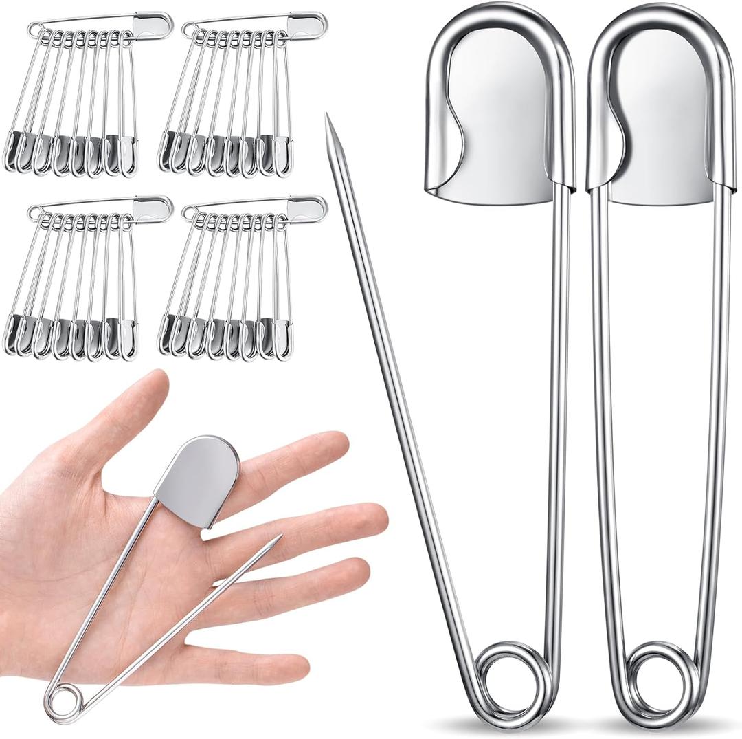 Juexica 40 Pcs Large Safety Pins 5 Inch Jumbo Stainless Steel Safety Pins Heavy Duty Huge for Strong Laundry Upholstery Sewing Quilting Key Rings Craft Outdoor (Silver)