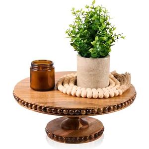 THORNIA Acacia Wood Cake Stand with Handcrafted Beaded Edge - 12 inch Round Decorative Tray & Display Stand for Wedding, Rustic Home Decor, Centerpiece, Desserts, Vanity or Coffee Table