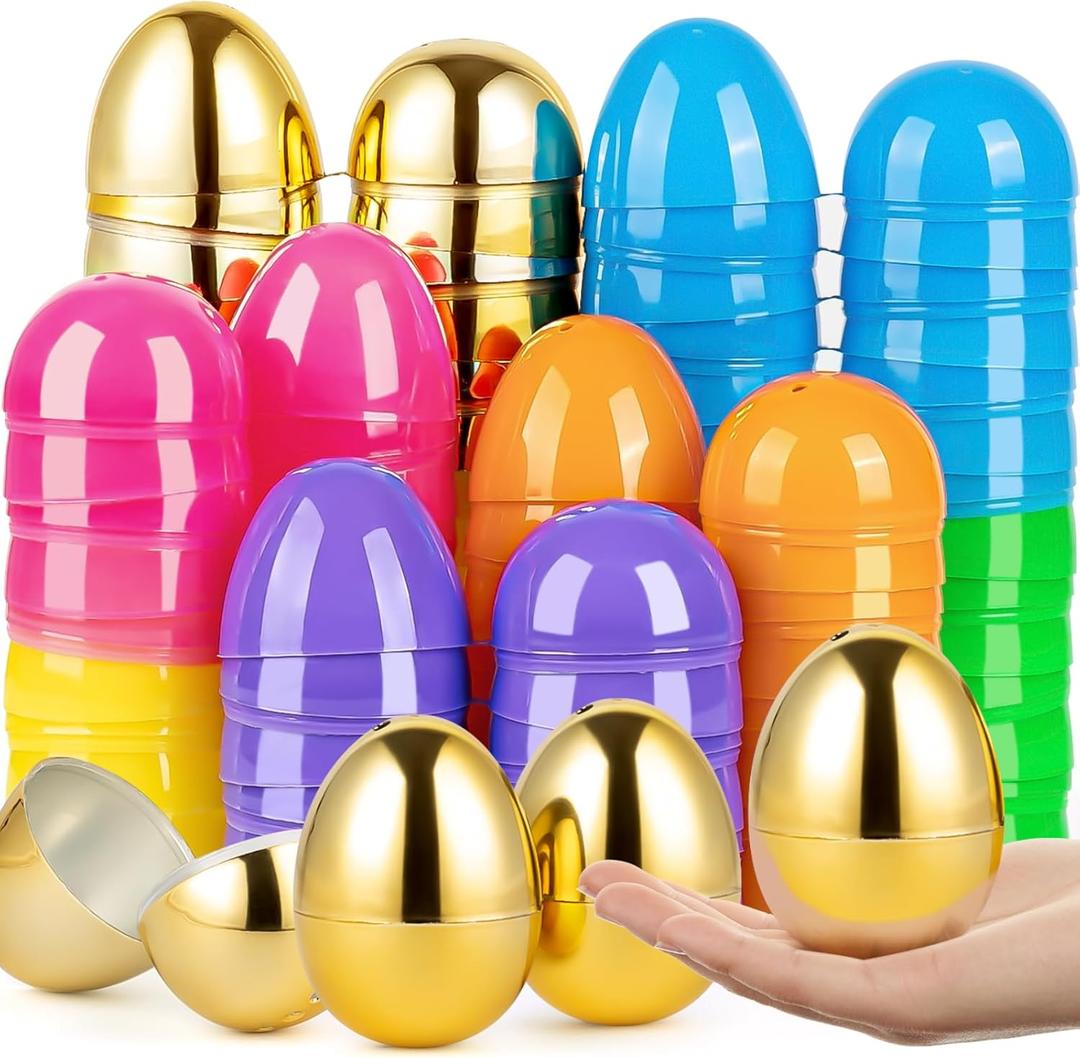 36 Pcs Large Easter Eggs, 3.15'' Empty Colorful Plastic Eggs with Golden Eggs, Fillable Plastic Egg for Easter Hunt, Filling Treats for Easter Basket Stuffers, Party Favors Decoration
