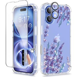 GVIEWIN for iPhone 16 Plus Case, with Screen Protector & Camera Lens Protector, Floral Shockproof Protective Bumper Slim Soft Clear Phone Cover for Women 2024 6.7" (Light Lavender/Purple)