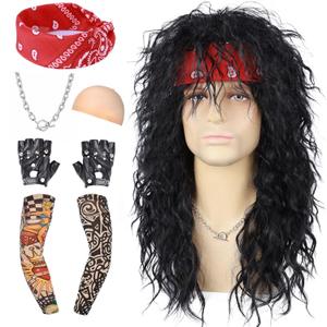 6Pcs Rocker Mullet Wig for Men Women UnisexLong Curly Black Wig with Bandana Tattoo Sleeve Gloves Necklace for 70s 80s 90s Cosplay Costume Halloween Party