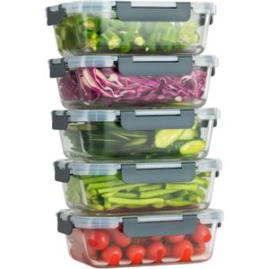 5 PACK 36 oz Glass Meal Prep Containers, Glass Food Containers with Snap-Lock Lids, Airtight Lunch Containers, Microwave, Oven, Refrigerator and Dishwasher SafeGray