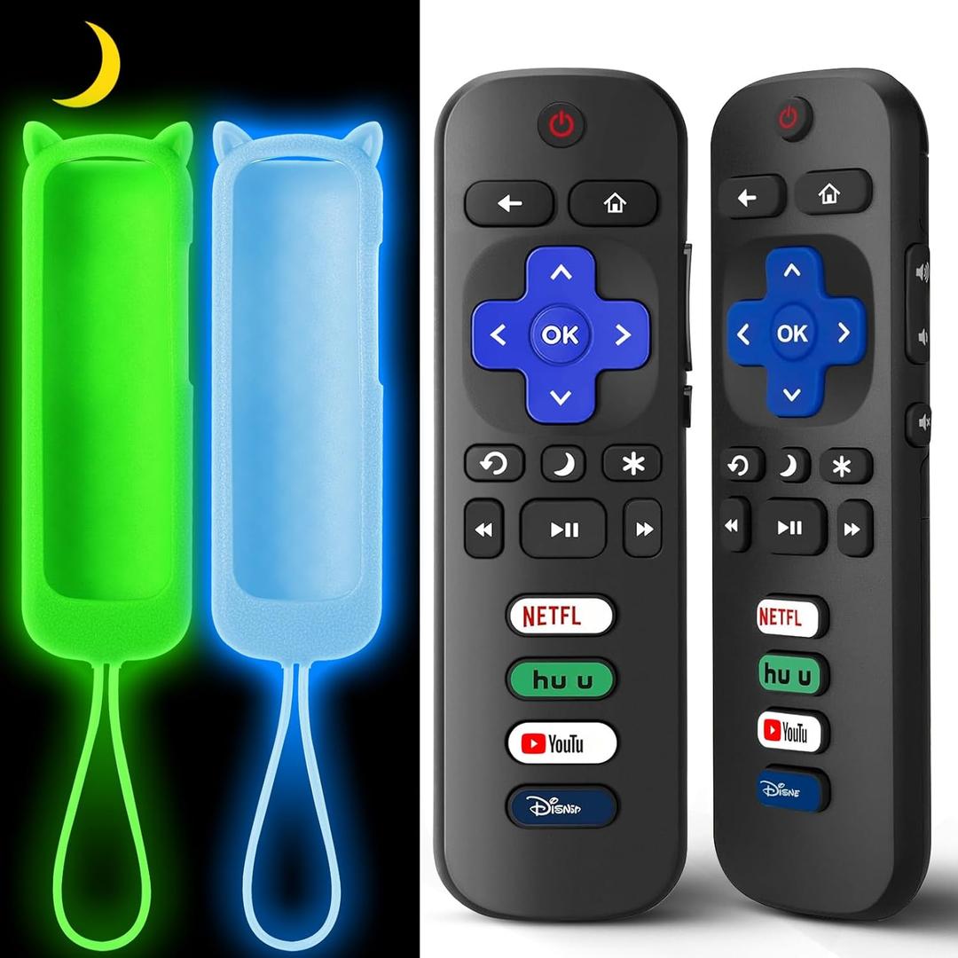 (2+2 Packs) Replacement Remote Control for Roku TV with Silicone Cover, Universal Remote for TCL/Hisense/Onn/Westinghouse/Philips Roku Smart TVs (Not for Roku Stick/Box) (2Remote+Glow Blue Cover+Glow Green Cover)