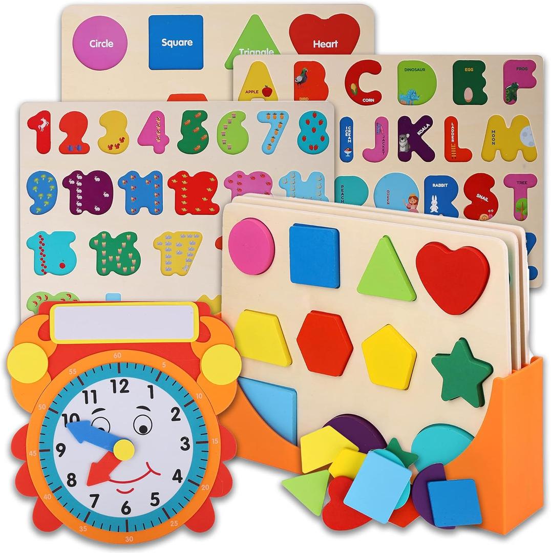 Wooden Puzzles for Toddlers and Rack Set - (3 Pack) Bundle with Storage Holder Rack and Learning Clock - 3 in 1 Kids Educational Preschool Peg Puzzles  Alphabet, Letters, Numbers and Shapes