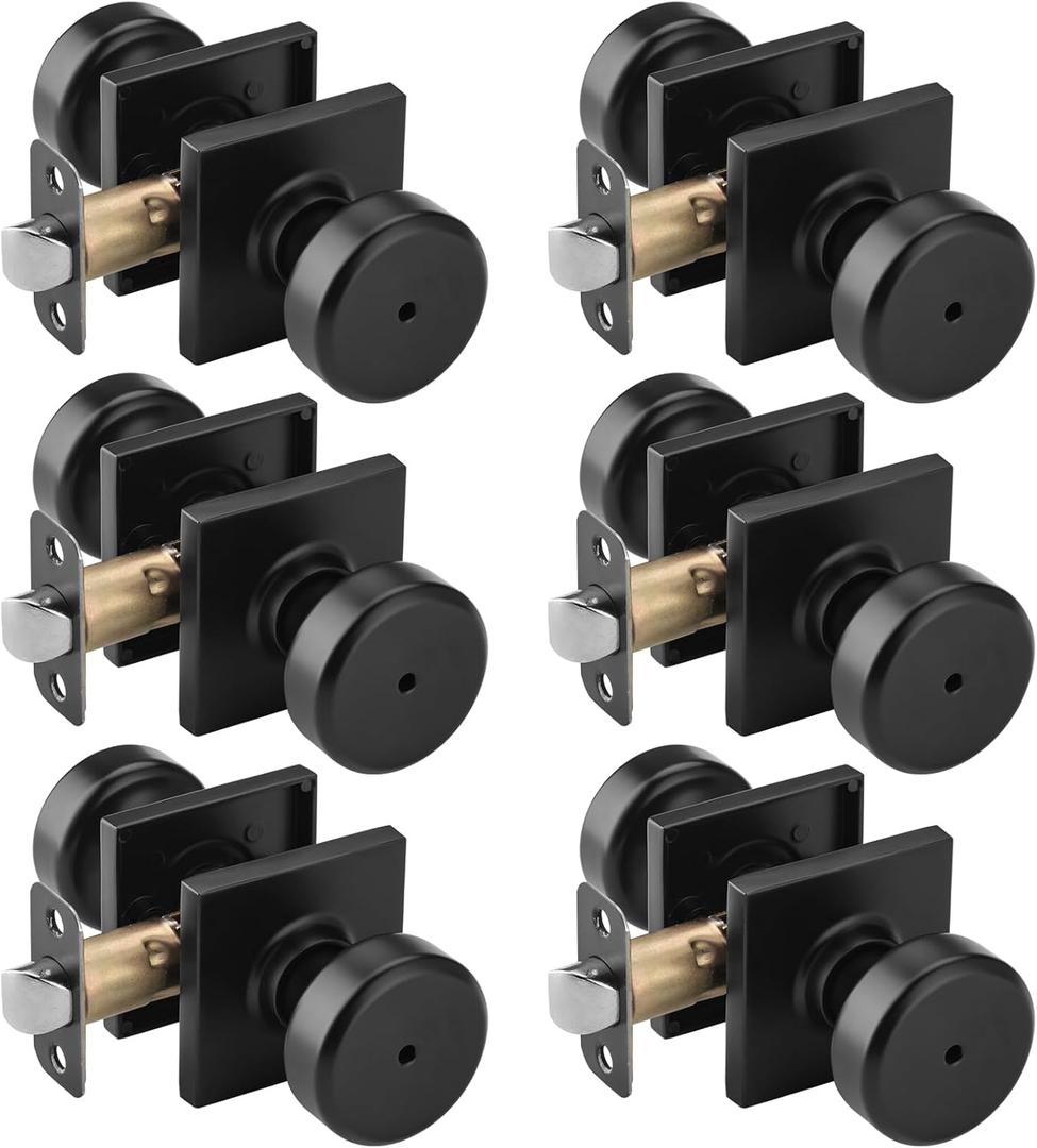 6 Pack Black Interior Door Knobs for Bath & Bed, Pismo Doorknob Turn Lock with Square Rosette, Heavy Duty Privacy Door Knob with Lock