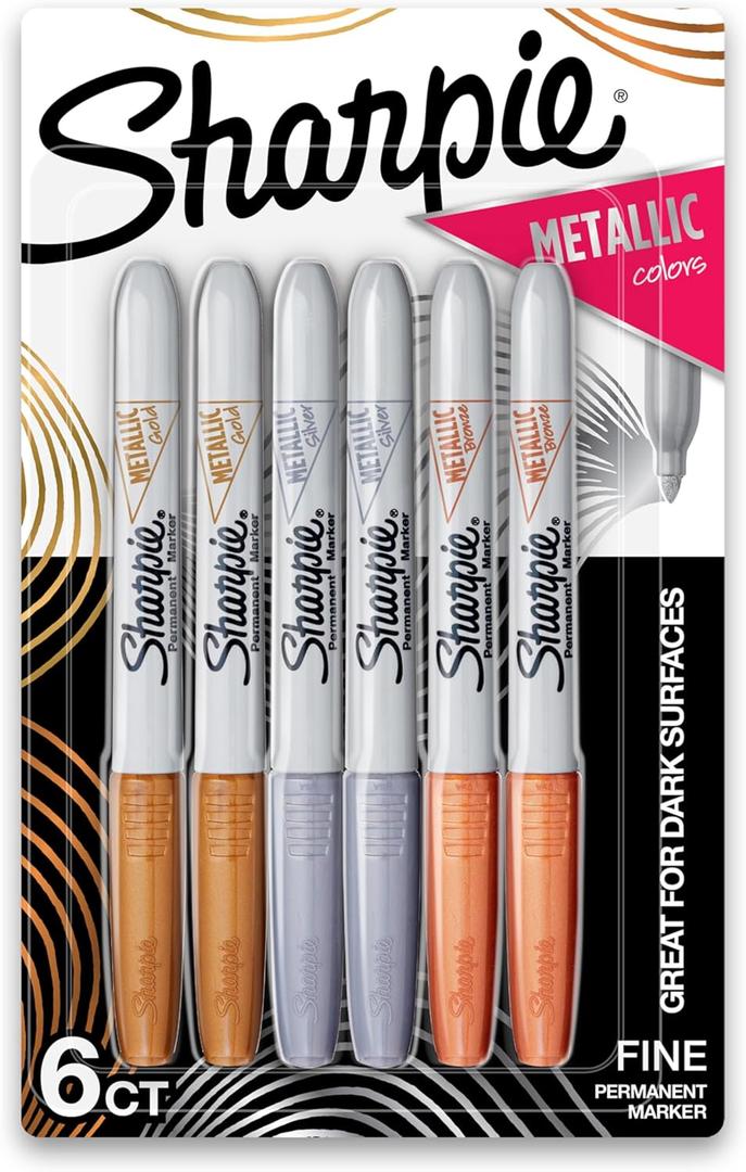Sharpie Metallic Permanent Markers, Fine Point, Assorted Metallic, 6 Count
