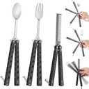 Eaasty Set of 3 Butterfly Comb, Fork and Spoon Set, Tactical Stainless Steel Folding Butterfly Spoon for Camping Hunting Travel Outdoor (Black)