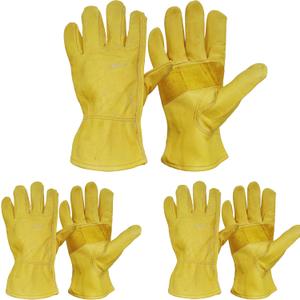 3 Pairs Leather Work Gloves For Men Cowhide Working Gloves Abrasion Resistant Driver Gloves (Extra Large)