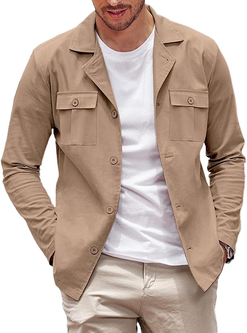COOFANDY Men's Linen Cotton Casual Shirt Lightweight Jackets Regular Fit Shacket with Pockets Dark Khaki (Beige, M)