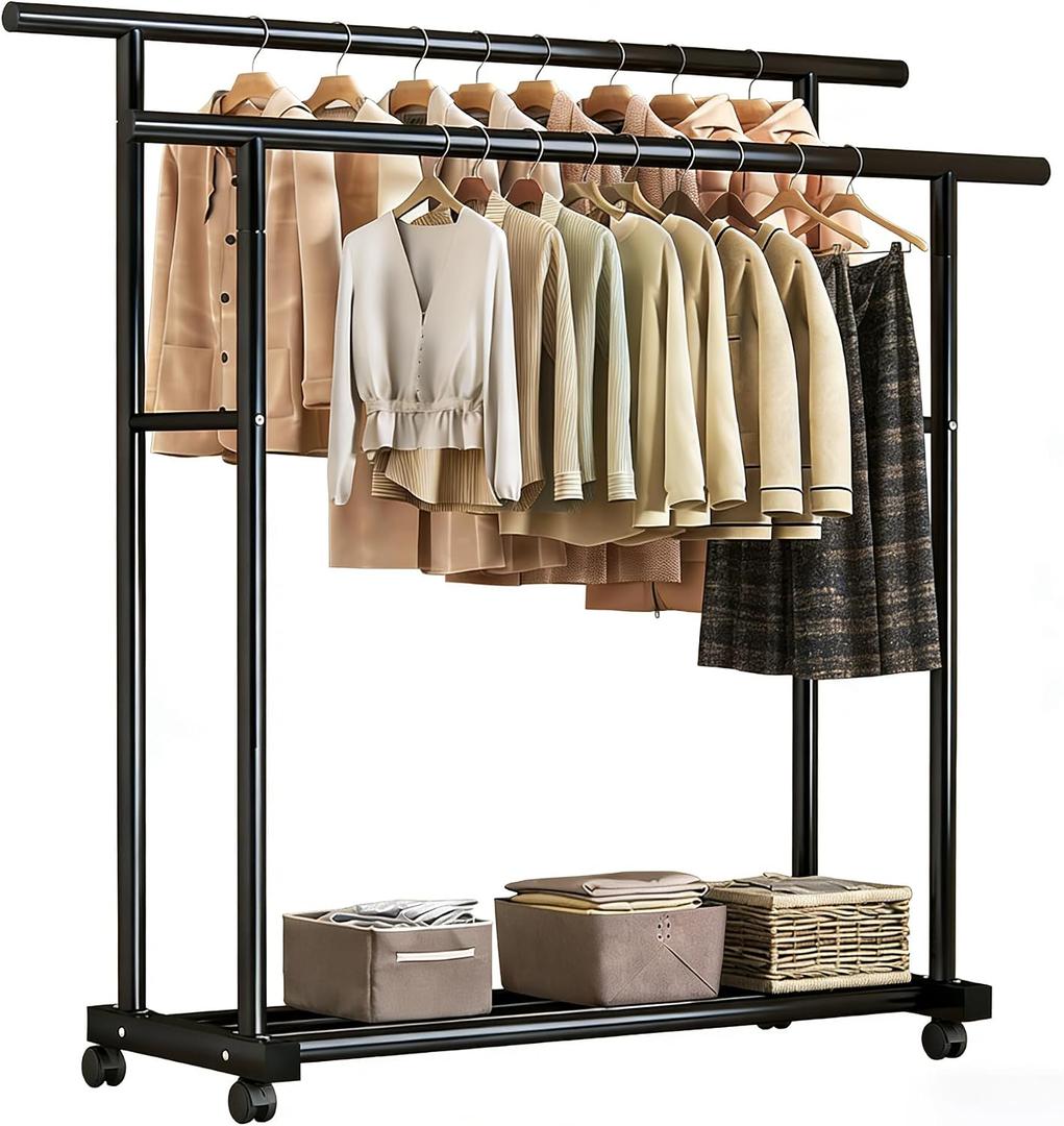 Heavy Duty Double Rod Clothing Rack with Wheels, 39in Wide Metal Garment Rack for Hanging Clothes, Freestanding Closet Organizer with Bottom Shelf for Shoes and Boxes, Ideal for Bedroom, Laundry Room