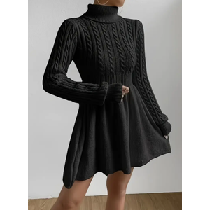 Solid Turtle Neck Dress Elegant Long Sleeve A-line XL Black