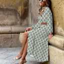 LOLONG Women's Casual Button Front Midi Dresses Spring 2025 Puff Long Sleeve Printed Ruffle Hem Boho Flowy Dress (M)