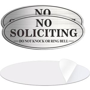(2 Pack) No Soliciting Sign for House, Self Adhesive No Soliciting Sign for Front Door, No Solicitation Metal Sticker Signs for Home and Yard (Brushed Silver /Black, 8.5 x 3.5 inches, Do Not Knock or Ring Bell)