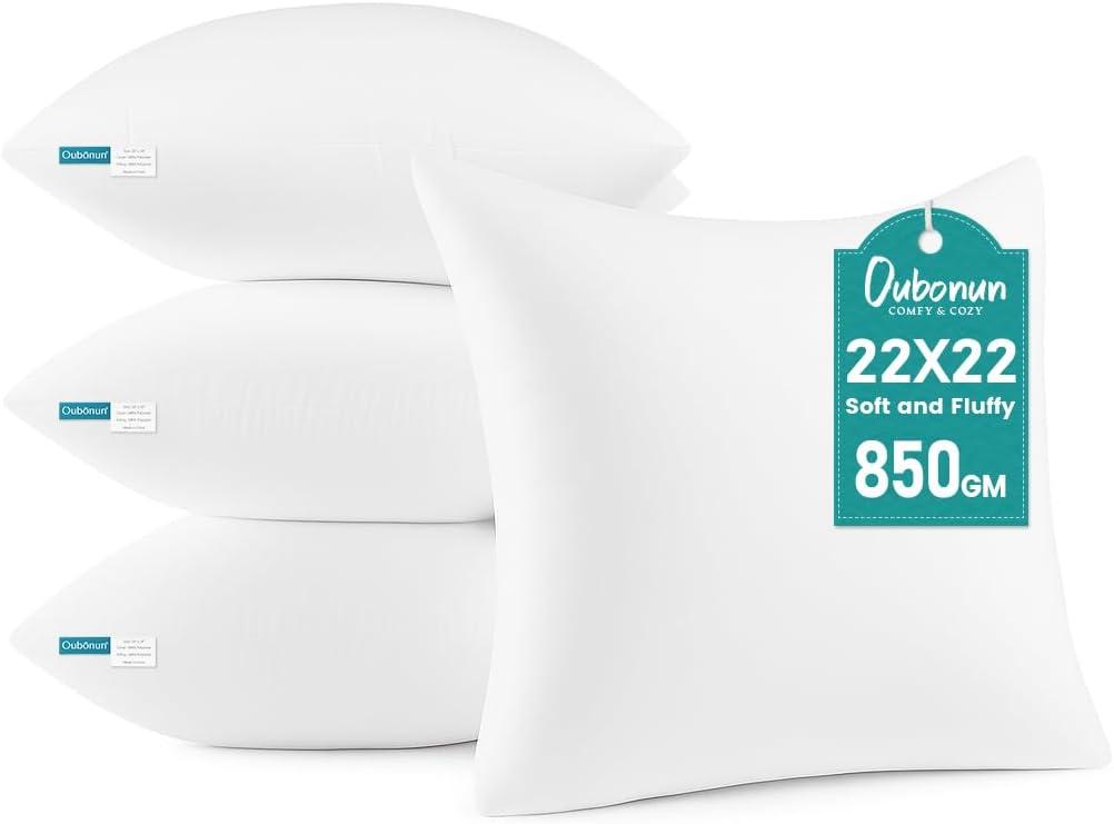 Oubonun 22 x 22 Throw Pillow Inserts - Soft, Plush & Decorative Down Alternative Pillows for Couch Sofa Bed, Machine Washable - White, Pack of 4