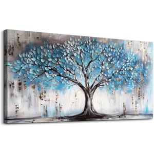 Wapluam Farmhouse Canvas Wall Art For Living Room Large Wall Decor Art For Bedroom Office Decorations Tree Wall Paintings Blue Abstract Wall Pictures Canvas Artwork Modern Room Home Decor Posters (40L" x 20W")