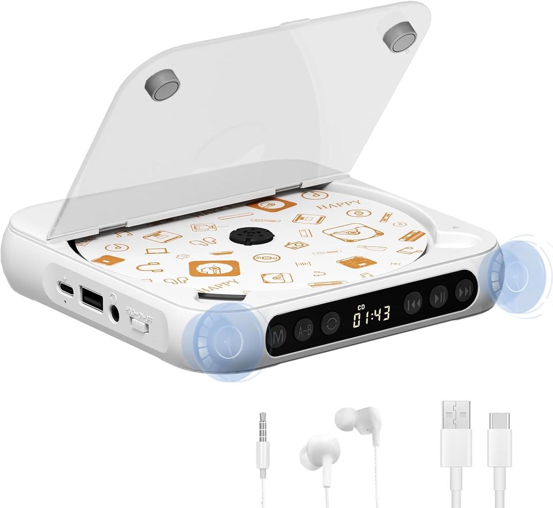 Portable CD Player, Personal CD Player with Bluetooth for Home, Rechargeable Small CD Player with Headphones,Built-in HiFi Speakers, Support CD/AUX/USB, Anti-Skip/Shockproof