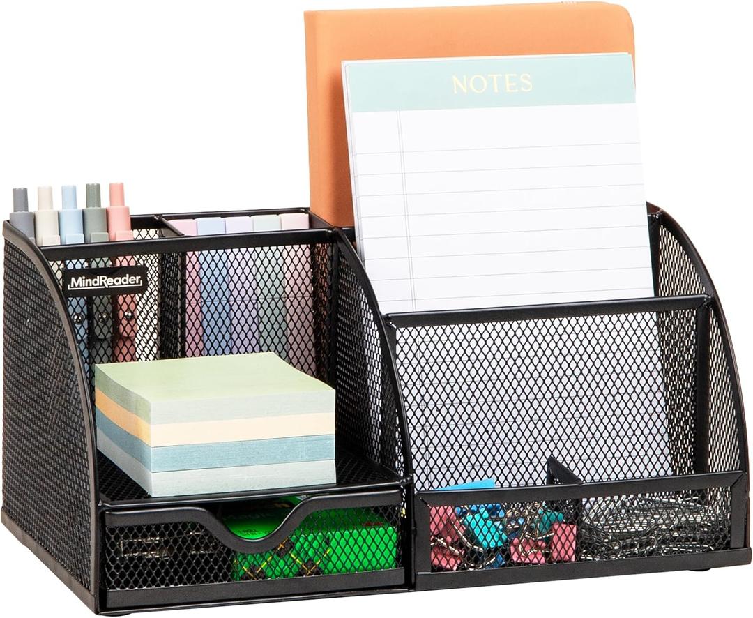 Mind Reader 7-Compartment Desktop Organizer, File & Accessory Storage, Metal Mesh Office Organizer for Desk, Workspace, Mail, Black