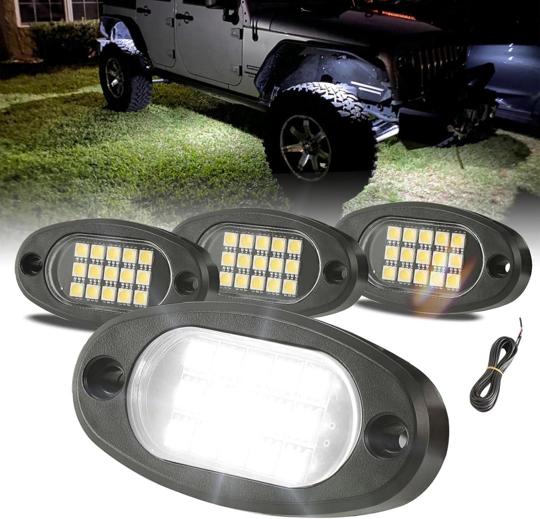 Winunite 4 Pods White Rock Lights 6000K Pure White UnderGlow Light with Extension Wires, IP67 Waterproof for Trailer Off Road Trucks Sedans SUV ATV UTV Boats