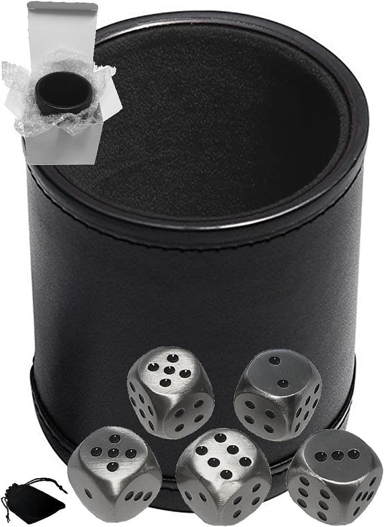 Cyber-Deals Set of Dice Cup Black PU Leather w/Plush Black Felt Lined + 16mm Zinc Alloy Metal Dice, Gift Boxed (Antique Tin, Black)