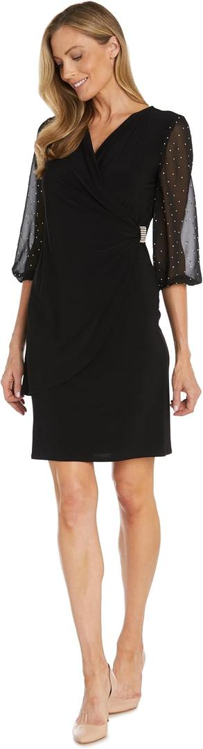 Elegant Mini Cocktail Dress W/Sheer Rhinestone Balloon Sleeves (Black, 16W)