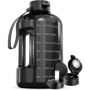 AQUAFIT 128 oz Water Bottle with Time Marker - Straw & Chug Lid - BPA Free 1 Gallon Gym Water Bottle with Handle - Big Gallon Jug (Gray, 128 Ounces)