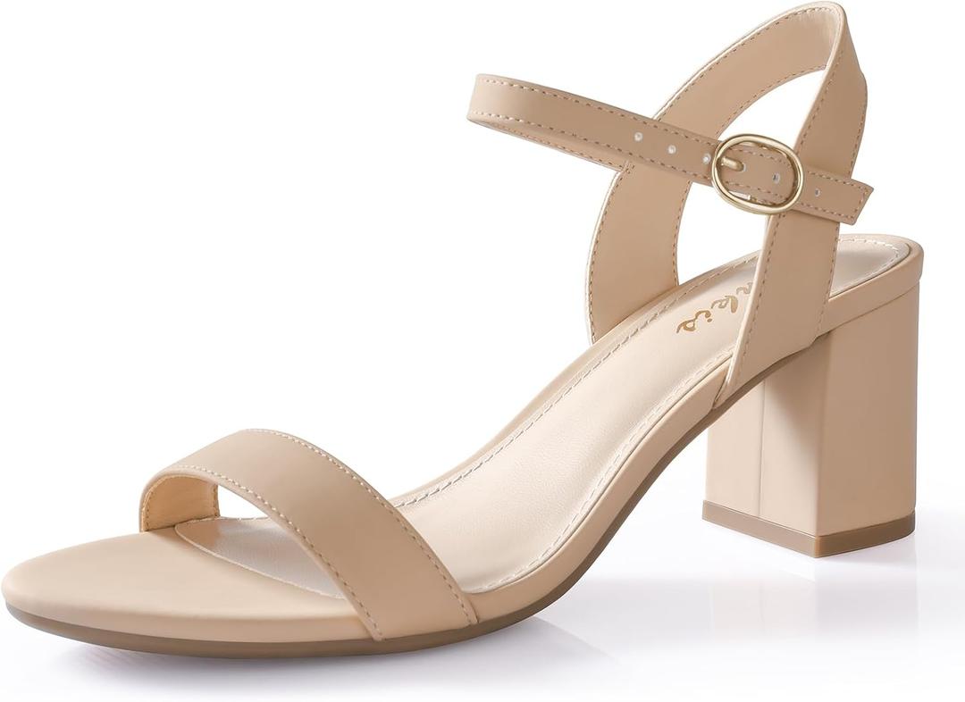 Ankis Nude Black Heels, 2.5'' Block Chunky White Clear Silver Heel Dressy Open Toe Heels For Women Ankle Strap Low Short Thick Strappy Dress Comfortable Sandal Casual Party Wedding Event Summer Shoes (Size 10, Beige)