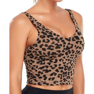 Oalka Sports Bra Womens Longline Padded Crop Tank Yoga Bras Workout Fitness Top Khaki Leopard L