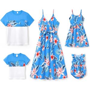 PATPAT Family Matching Hawaiian Outfits: Boy Tropical Floral Short Sleeve T Shirts - Dad and Son Matching Shirts for Summer Vacation Beach Luau Cruise, Blue Tropical Hibiscus, Boy, 3 Years