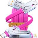 SHEZI 4-in-1 USB C Cable 60W 5FT Lightn-ing Cable Fast Charging [480Mbps Data Transfer] Flat Thick Silicone for iPhone/ iPad Charger Cord, Multi Charge Wire Combo with Lightn-ing/ USB C/ USB A Port, Pink