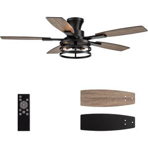 46 Inch Flush Mount Ceiling Fans with Lights and Remote Control, Low Profile Farmhouse Ceiling Fan for Bedroom Living Room and Patio, Black Caged Ceiling Fan for Indoor and Outdoor