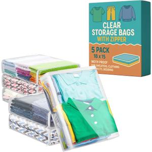 Houseables Sweater Bags Moth Proof, Clothing Storage Bags, with Zipper, Sweater Storage, Clear Zippered Organizers, Clothes, Blanket, Linen, Bedding, Quilt, Vinyl Plastic Protectors, 18x15x4, 5 Pack.