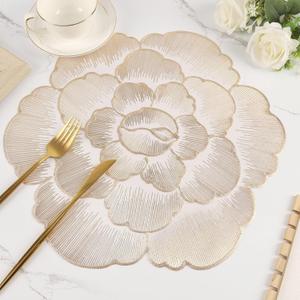 Evevda Round Table Place Mats Set of 6, Gold Placemats Bulk Pressed Vinyl Washable Plate Mats for Table Centerpieces Decorations Weddings Birthday (Flower Shape)