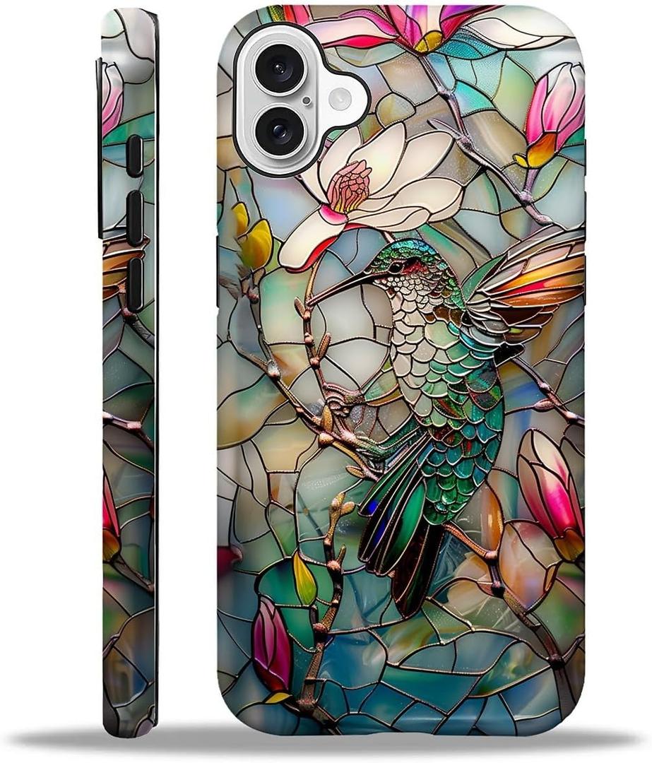 For iPhone 16 Case,3D Stained Flower Looking Hummingbird Pattern for Girl Women Boy Hard Hybrid Shell Shockproof Silicone Full Body Protective Matte Case for iPhone 16