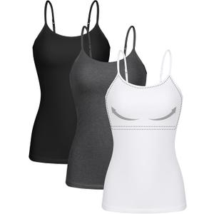 ATTRACO Women 3 Pack Cotton Camisoles with Shelf Bra Adjustable Spaghetti Strap Tank Tops, Small