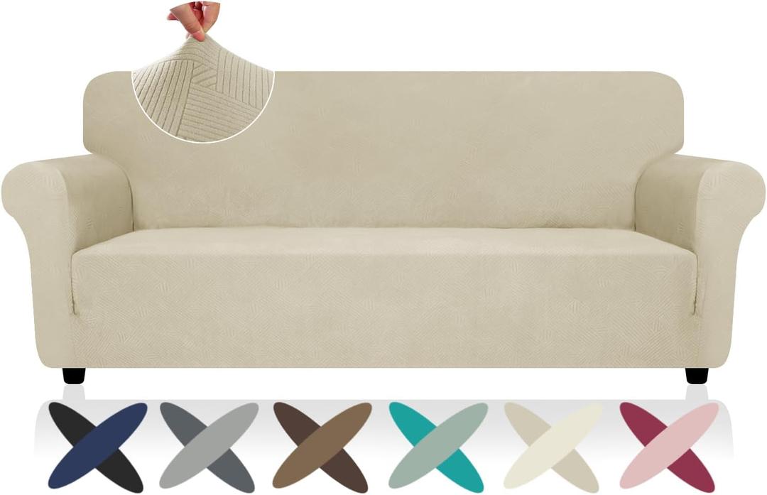 ZNSAYOTX Super Stretch Couch Cover (72"-92"), New Striped Sofa Covers Fitted Slipcovers with Elastic Bottom, Dog Cat Pets Proof Spandex Fabric Comfortable & Durable (Khaki, Sofa)