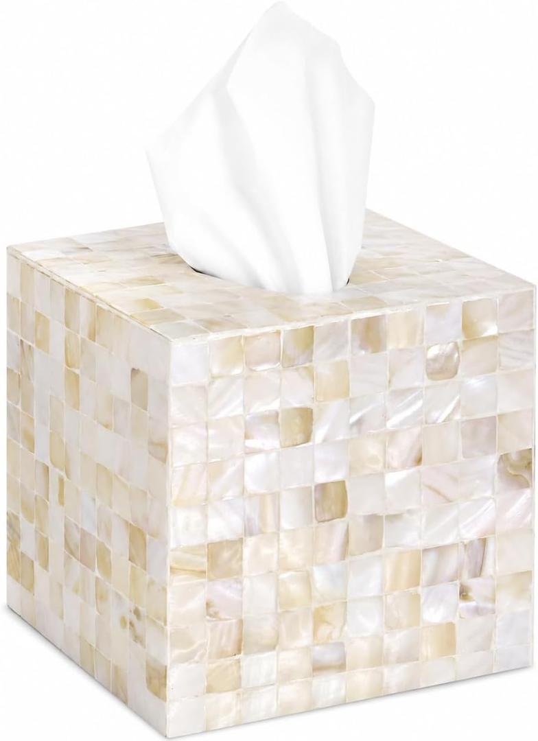 PEMAR Handcrafted Wooden Tissue Box Cover for Small Cube Tissue Boxes Only (Max Inner Size 4.7)  Mother of Pearl Inlay Decorative Tissue Holder for Bathroom, Living Room & Office (White Sand)