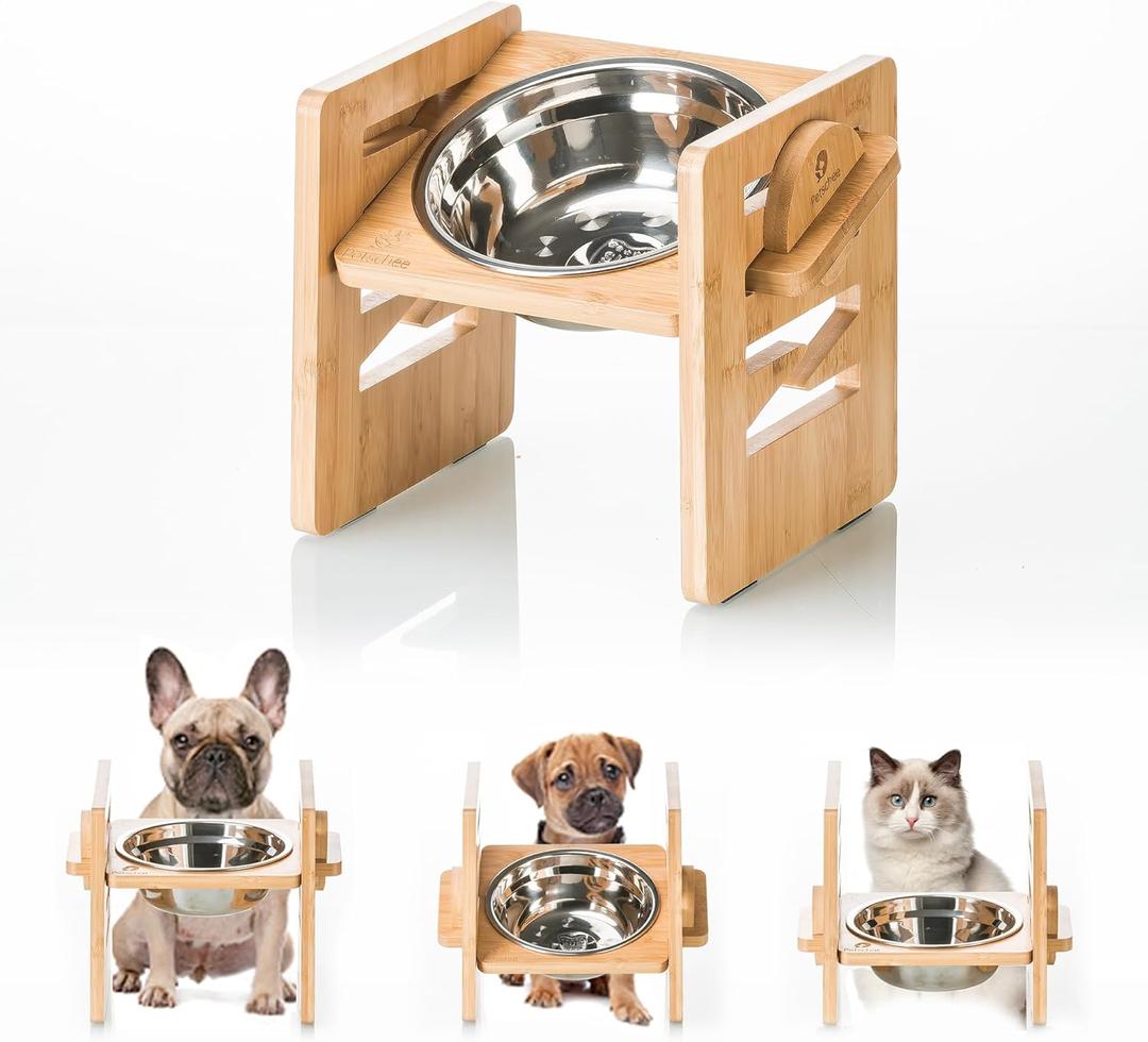 Elevated Dog Bowl 2.4-6.7 with Food Grade 304 Stainless Steel 15 OZ, 6 Heights Bamboo Dogs Bowl Stand fo, 1 Pack