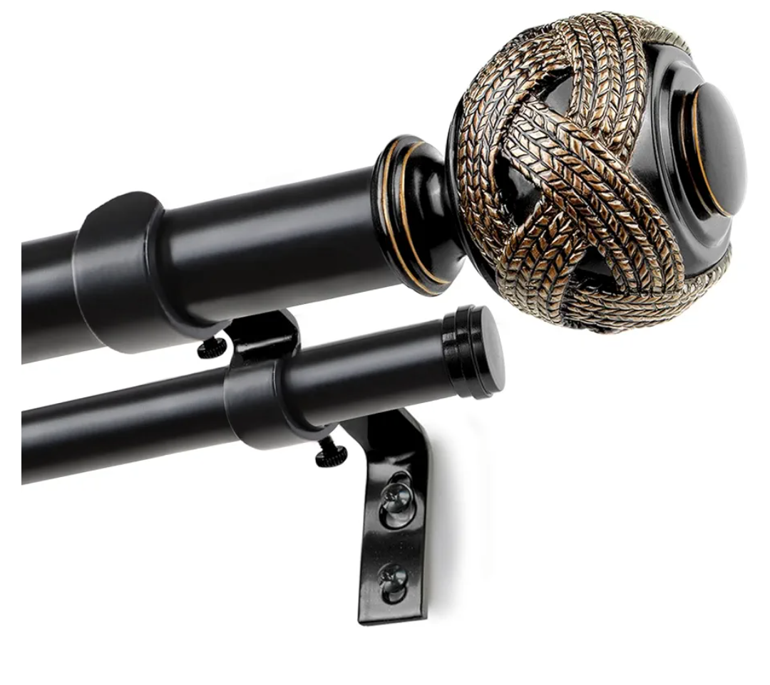 1 Inch Double Curtain Rods 72 to 144 Inches (6 to 12 ft), USFOOK Black Drapery Rods for Windows 69 to 140 Inches, Telescoping Dual Curtain Rod with Woven Leaf Finials
