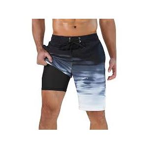 SILKWORLD Mens Swim Trunks with Compression Liner Quick-Dry 10" Stretch Beach Shorts 38
