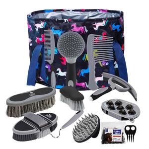 Harrison Howard Horse Grooming Kit 11-Piece Equine Care Series Horse Brush Sets with Organizer Tote Bag Tack Room Supplies Shedding Grooming Massaging Tools Black Brushstroke Ponies