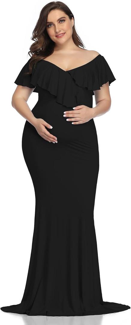 YnimioAOX Maternity Long Dress Ruffles Elegant Maxi Photography Dress Stretchy Slim Gowns for Photoshoot (Black), XL