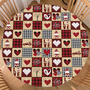 Valentines Day Round Tablecloth Fitted Best for 40"-44" Red Plaid Table Cloth Elastic Edge Water-Resistant Washable Love Heart Decoration Table Cover for Party Picnic Indoor Decor
