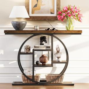 karlott Entryway Table, 41.3" Industrial 6-Tier Console Table Sofa Table with Storage Shelves, Narrow Wood Accent Table with Circle Metal Frame for Living Room, Hallway, Entrance, Rustic Brown