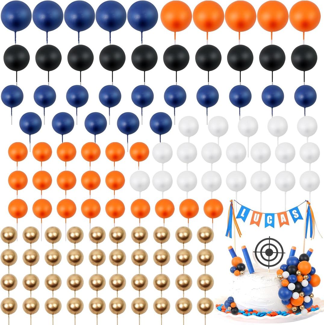 Acmee 115 PCS Ball Cake Toppers - Mini Balloon Cake Decorations Navy Blue Orange White Gold Foam Ball Cupcake Picks DIY Cake Insert Toppers for Baby Shower Birthday Party Wedding