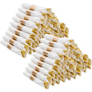 100 Pack Pre Rolled Gold Plastic Silverware Set, Disposable Wrapped Cutlery Set with 100 Napkins, 100 Knives, 100 Forks and 100 Spoons for Party, Birthday