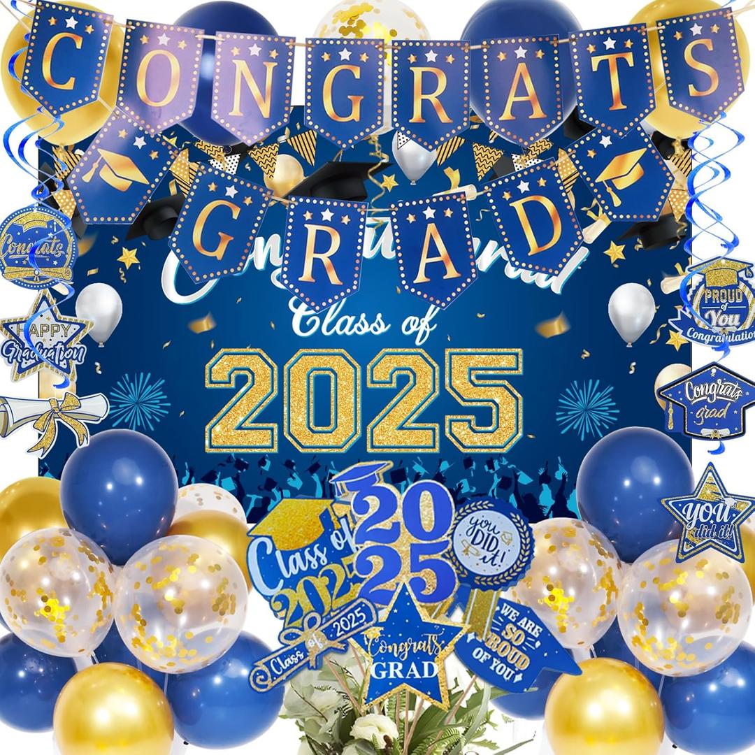 Blue and Gold Graduation Decorations 2025 with Congrats Grad Banner, Graduation Cake Topper, Backdrop, Hanging Swirls, Balloons for Class of 2025