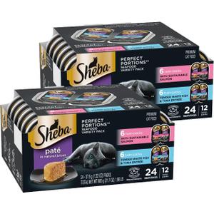Sheba Perfect Portions Wet Cat Food Pate, Sustainable Salmon and Tender Whitefish & Tuna Entree, Cat Food Wet Recipe Variety Pack, 2.6 oz. Twin-Pack Trays (12 Count, 24 Servings) (Pack of 2) (EXP 06/28/28)