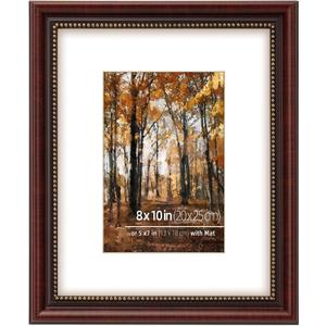 8x10 in Wood Classic Vintage Cherry Picture Frame, Ornate Gold Beaded Inner, Matted for 5x7 Photo, Tabletop or Wall Mount Display, Cherry