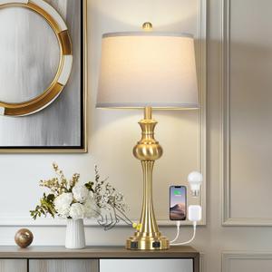 28.75'' Gold Table Lamps for Living Room, 3 Way Touch Control Bedside Lamps with USB A+C Ports & AC Outlets, Modern Metal Nightstand Lamps for Bedroom Living Room Office End TableBulb Included