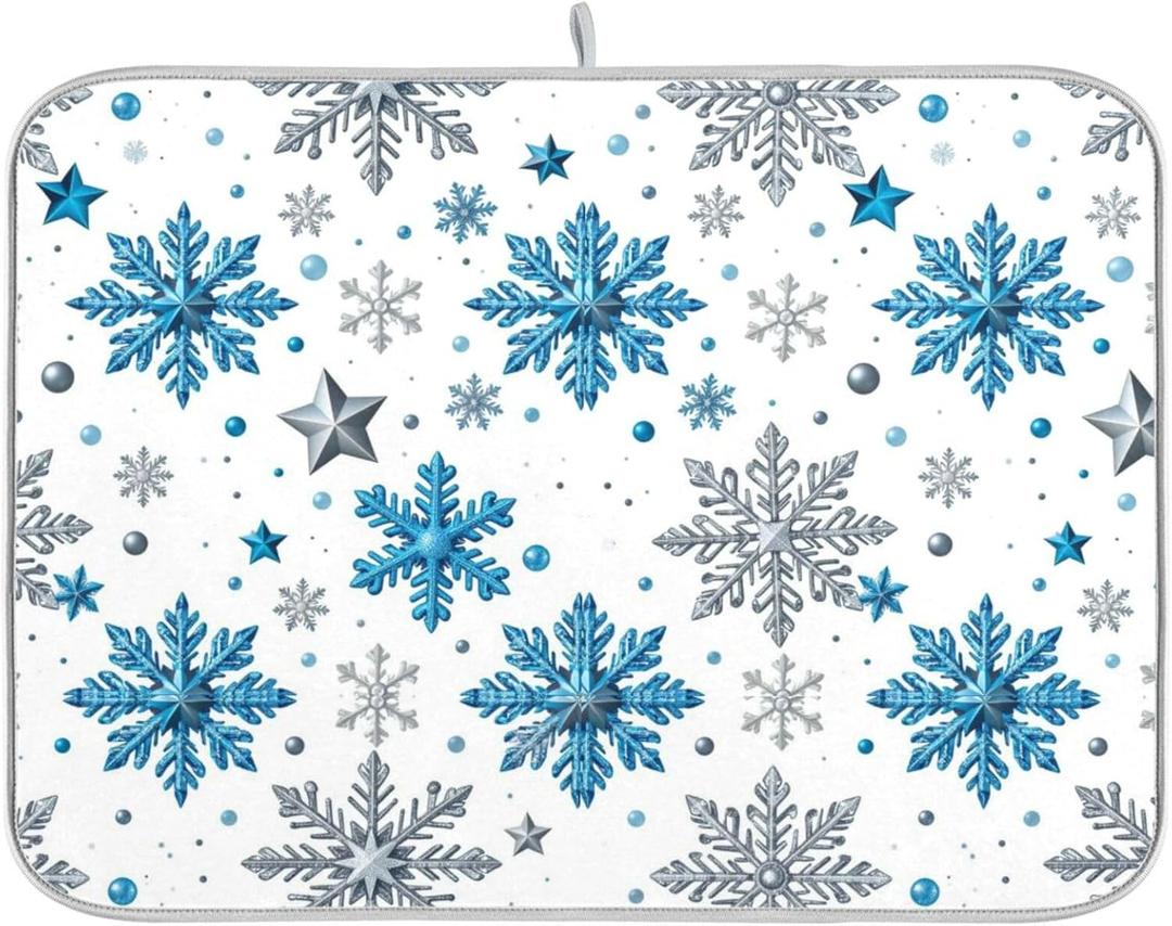Wfrish Winter Snowflakes And Stars Dish Drying Mats Merry Christmas Drying Mat with Hanging Loop Absorbent Dishes Drainer Pad Kitchen Counter Mat 18X24 In